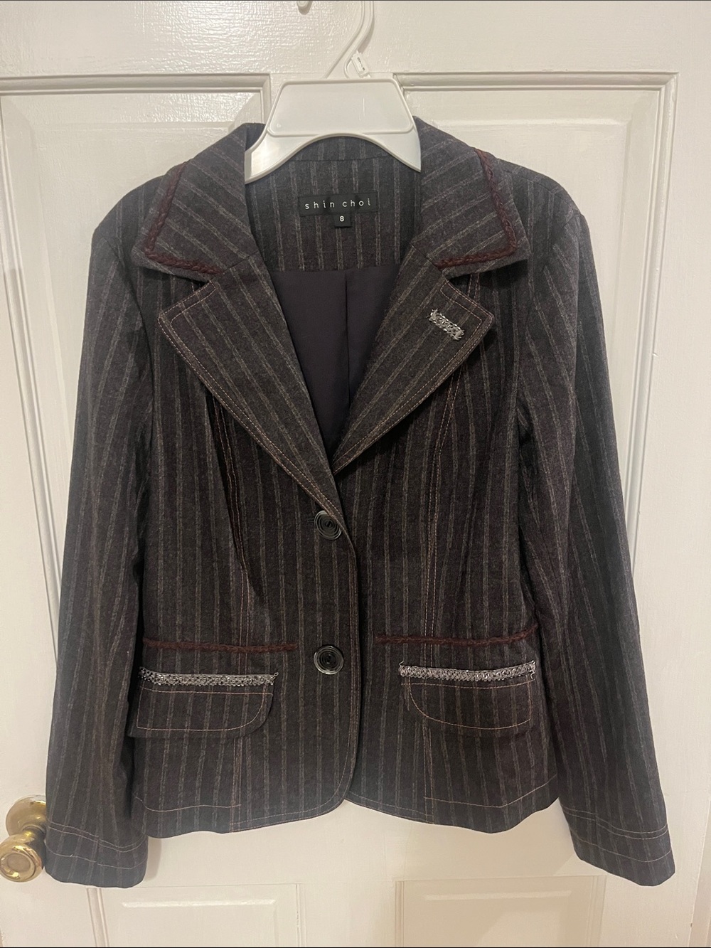 Shin Choi Women's Dark Charcoal Pinstripe Blazer with Brown Accent